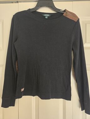 Lauren Ralph Lauren Black Knit Top Suede Shoulder Zip Elbow Patch Size M